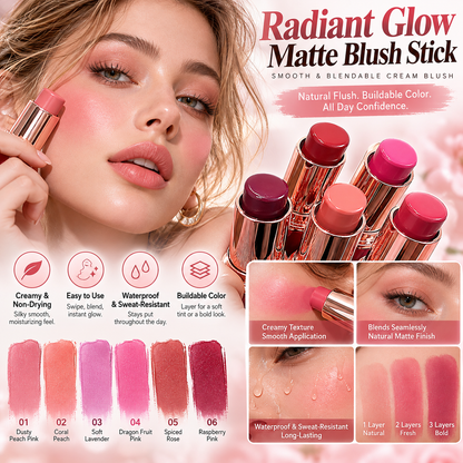 🩷 Radiant Glow Matte Blush Stick – Smooth & Blendable Cream Blush, Soft Natural Finish, Buildable Color for Everyday Makeup