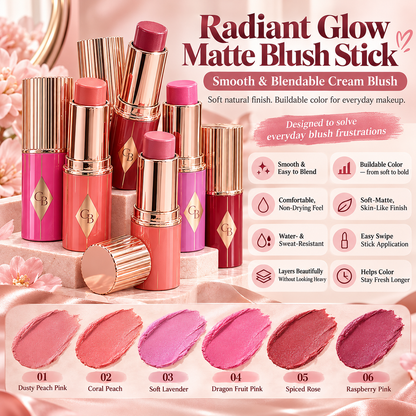 🩷 Radiant Glow Matte Blush Stick – Smooth & Blendable Cream Blush, Soft Natural Finish, Buildable Color for Everyday Makeup