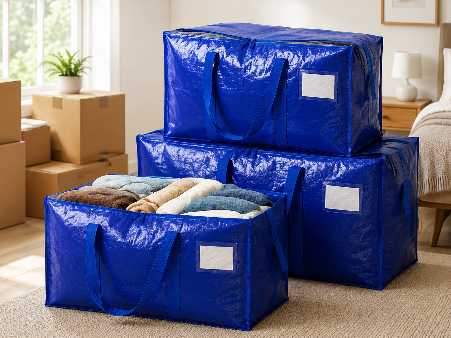 Extra-Large Foldable Moving Bags with Full-Zip Top, Reinforced Handles & Label Pockets